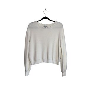 June & Ivy Solid White Sweater Scallop Neck Knit Cropped Medium Women’s